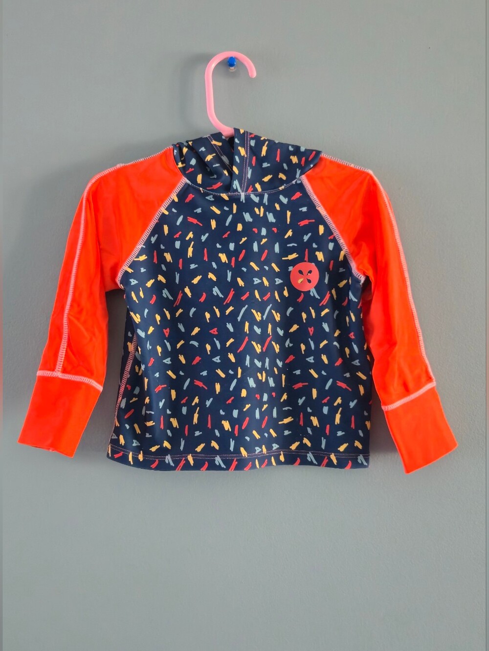 Long Sleeve Hooded Rash Guard Swim Top - Navy with Bright Orange Sleeves 2T